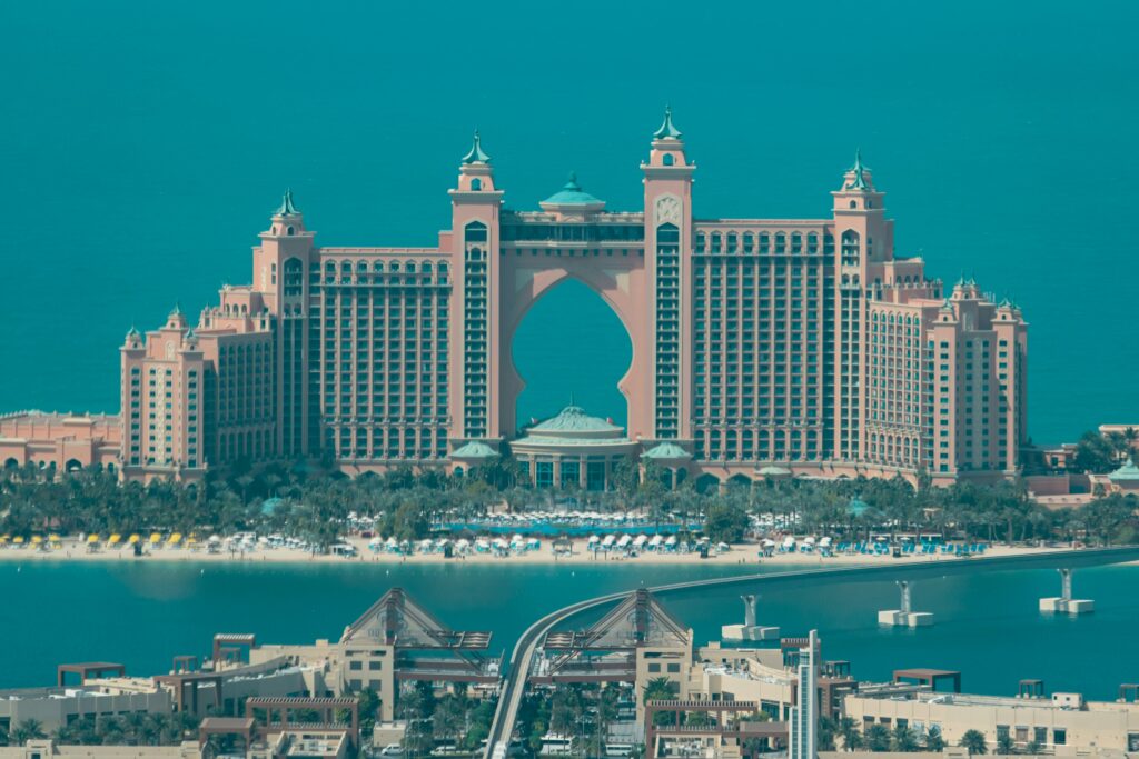 Atlantis The Palm resort seen across the water on Palm Jumeirah, Dubai