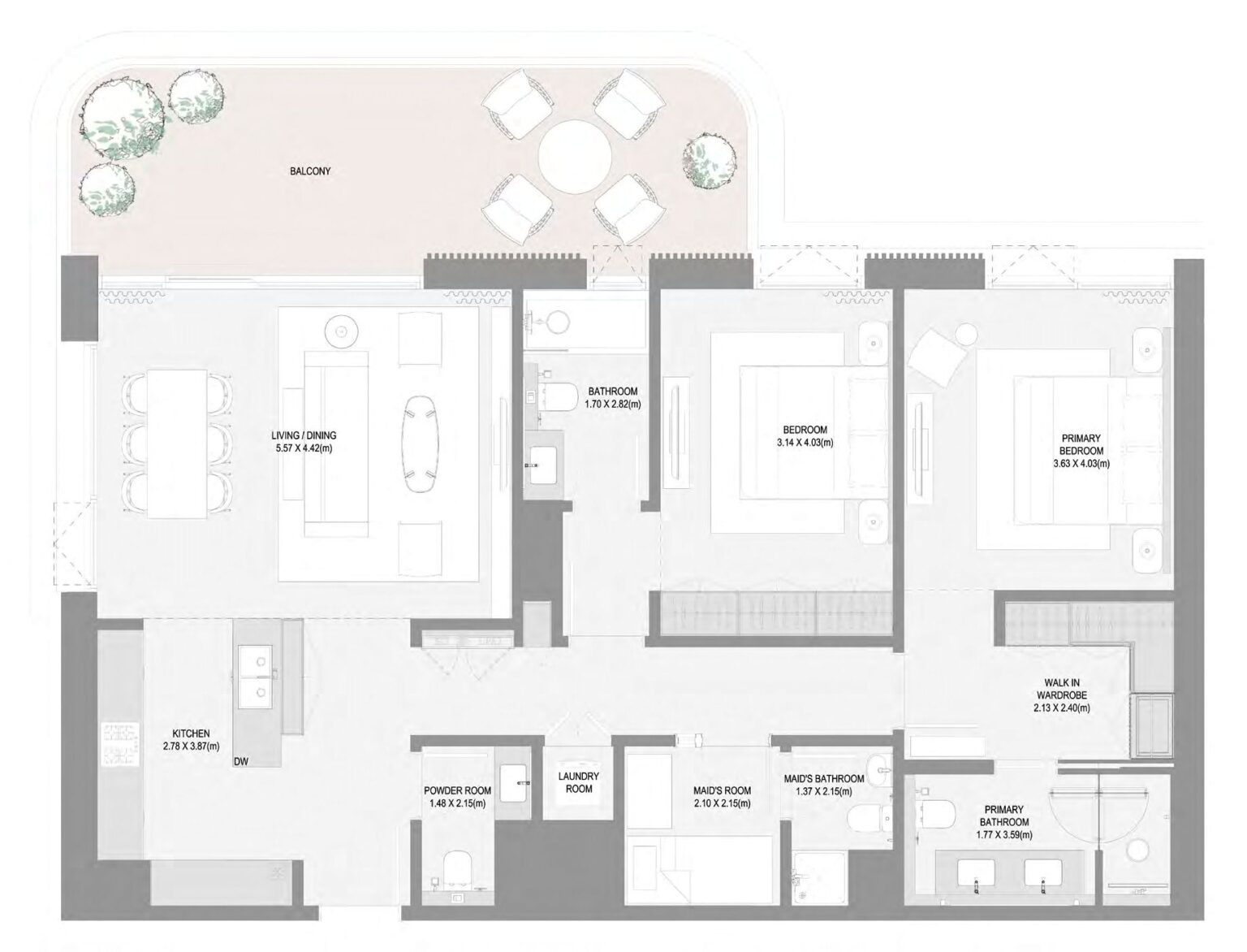 Bay Grove Residences Phase 3 2 bedroom with maid's room floor plan, layout 3, Dubai Islands