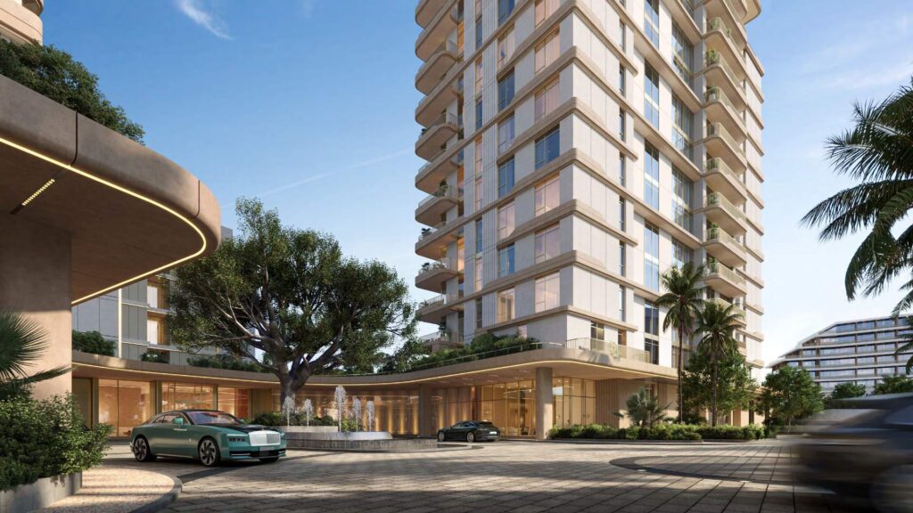 Residential tower with landscaped arrival plaza and drop off at Bay Grove Residences Phase 4, Dubai Islands