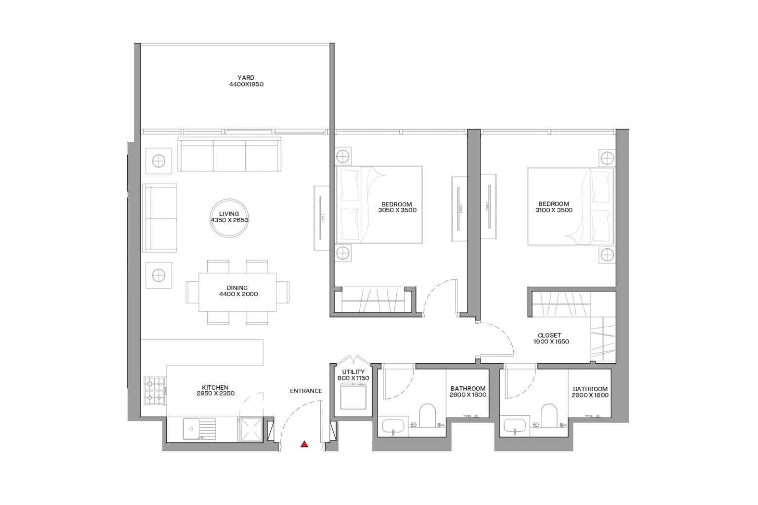 Sobha Siniya Island Beach Residences 2 bedroom floor plan, layout A, Umm Al Quwain