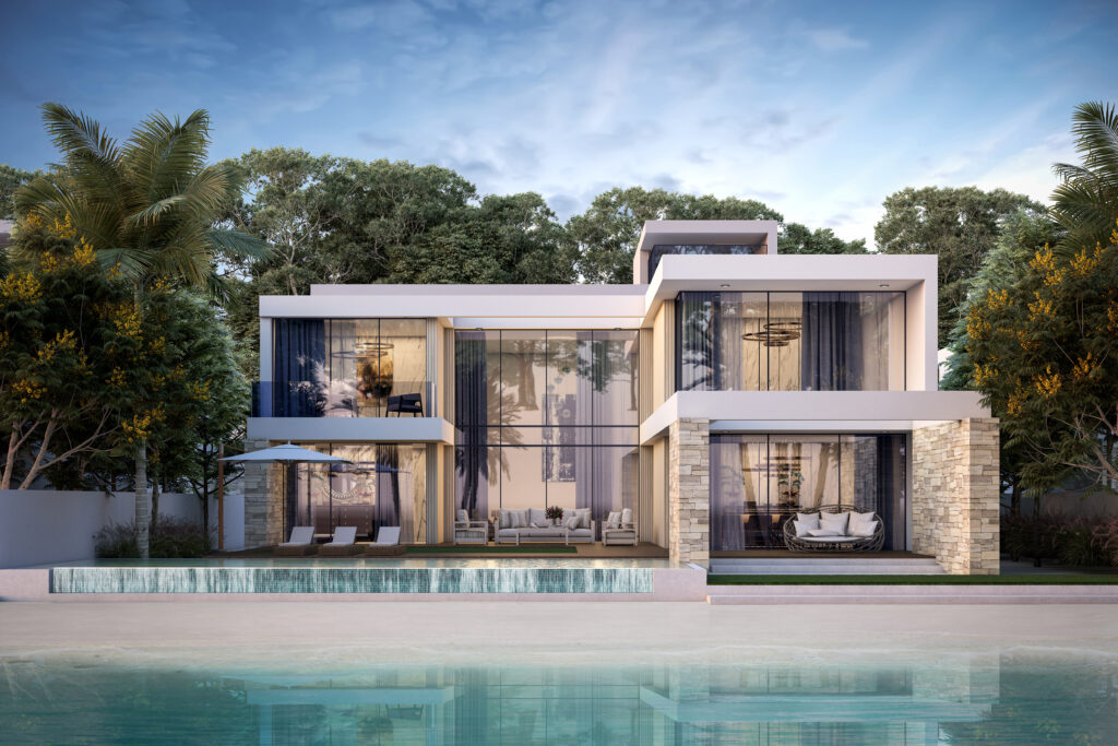 Contemporary Coral villa with glass facade and pool at dusk, villas on Palm Jebel Ali, Dubai