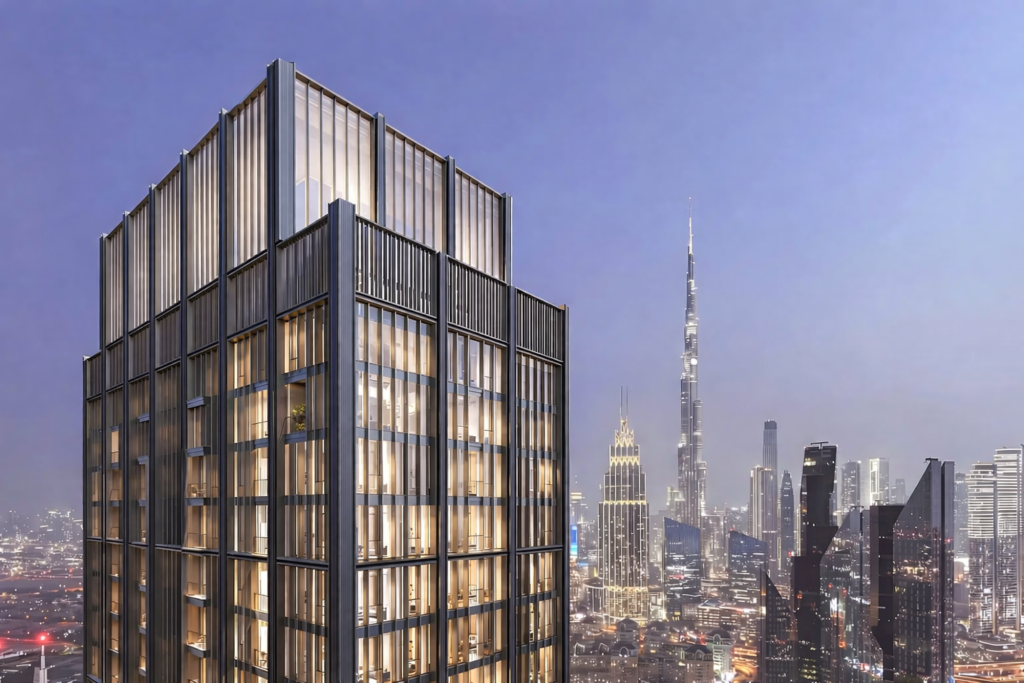 2 Bedroom Properties for Sale in DIFC: DIFC Heights Tower tower lit at dusk with Downtown skyline, DIFC, Dubai