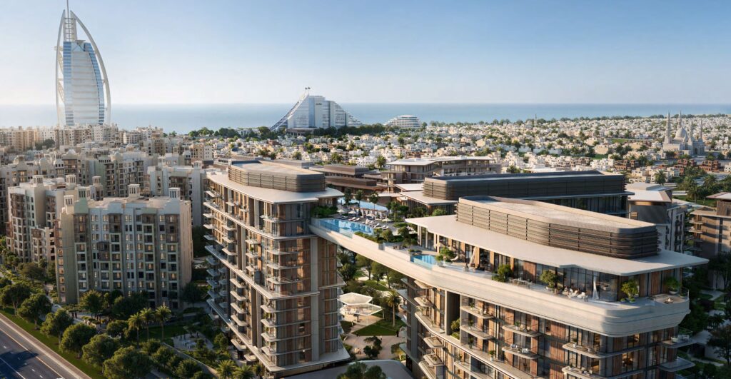 4 Bedroom Properties for Sale in Jumeirah: Nourelle residences with the Burj Al Arab in the distance
