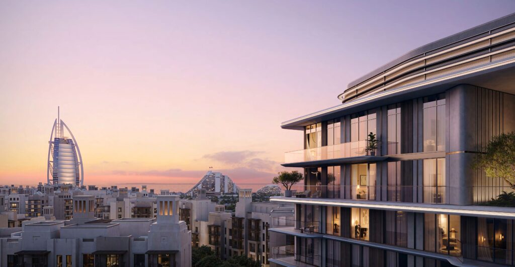 Nourelle terraces facing the Burj Al Arab at sunset