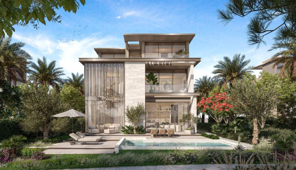 Villa garden facade with pool at Nad Al Sheba Gardens 11, Nad Al Sheba, Dubai
