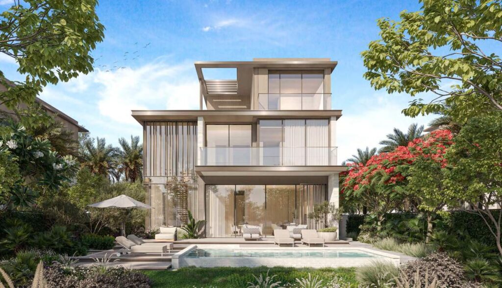 5 Bedroom Properties for Sale in Nad Al Sheba: Contemporary villa with pool and flowering trees at Nad Al Sheba Gardens 11