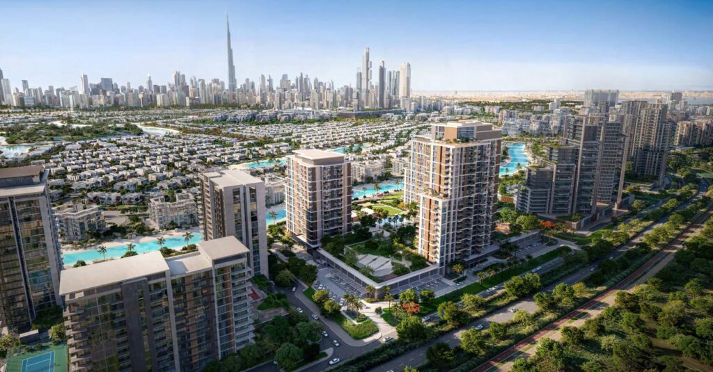 Aerial view of the Naya at District One towers and District One villas