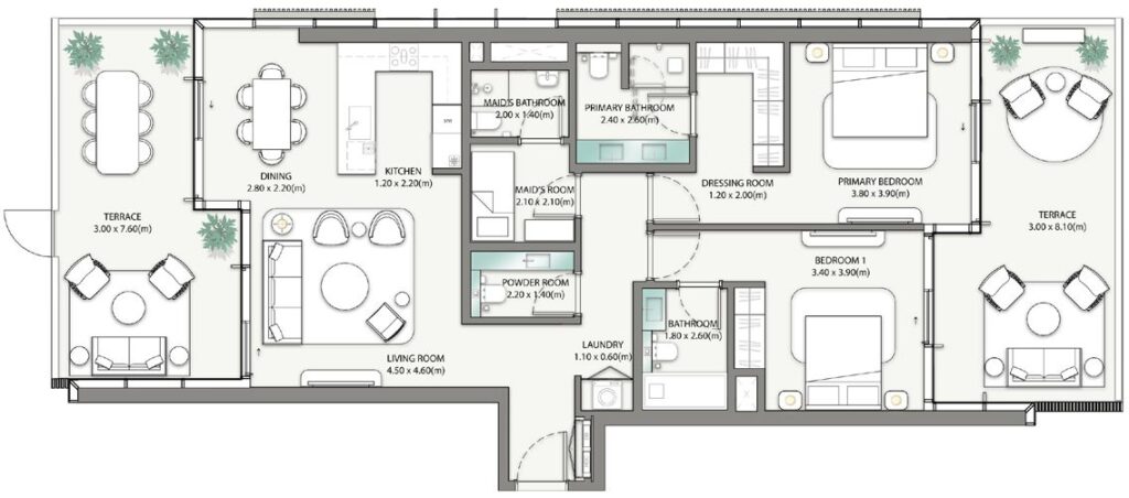 Palm Central 2 Bedroom + Maid