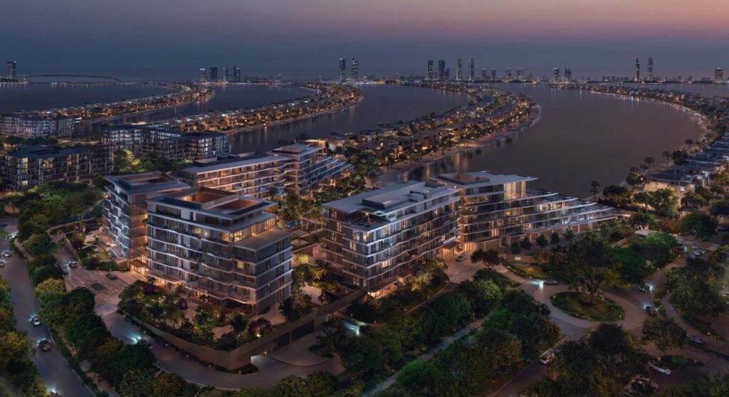 Aerial view of the Palm Central buildings at dusk, Palm Jebel Ali, Dubai