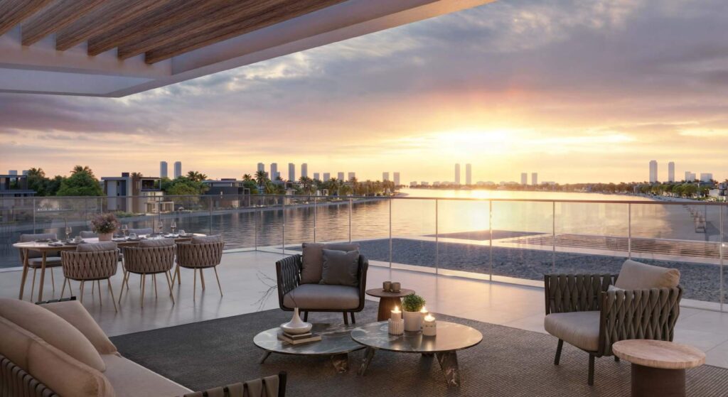 Balcony lounge at sunset over the lagoon at Palm Central, Palm Jebel Ali, Dubai