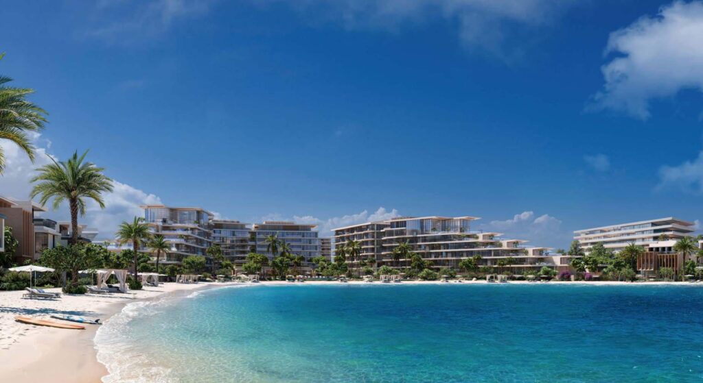 3 Bedroom Properties for Sale in Palm Jebel Ali: Palm Central residences behind a white sand beach and turquoise water, Palm Jebel Ali, Dubai