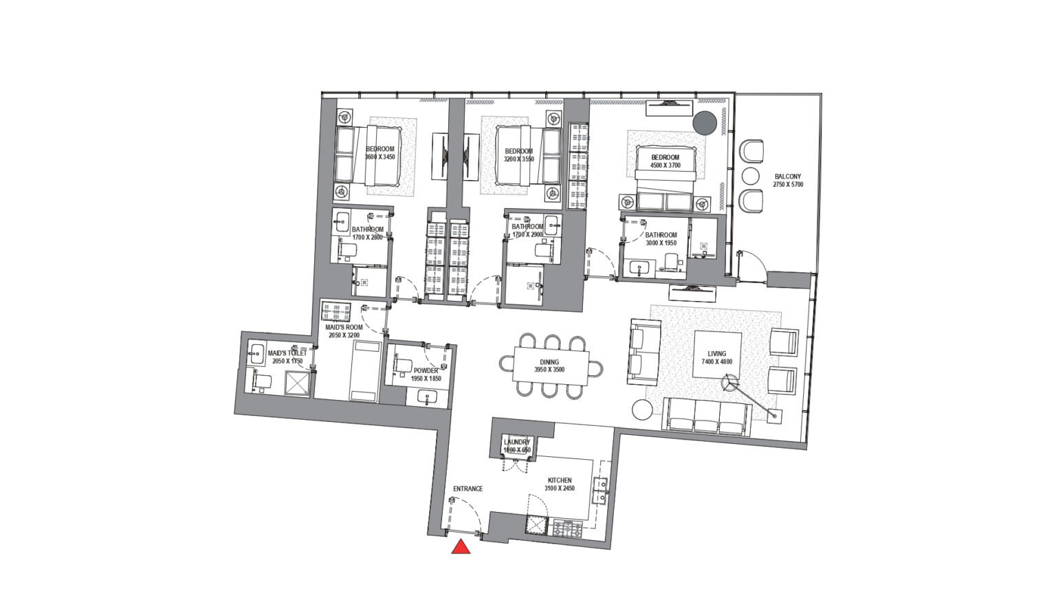 Sobha SeaHaven 3 bedroom apartment floor plan, layout B, Dubai Harbour