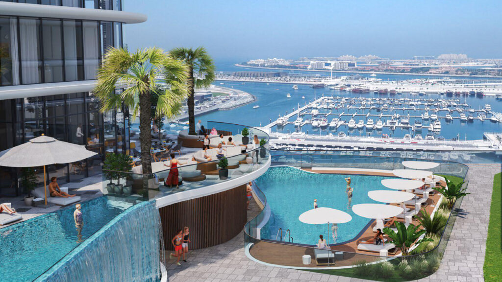 Pool deck overlooking the Dubai Harbour marina at Sobha SeaHaven