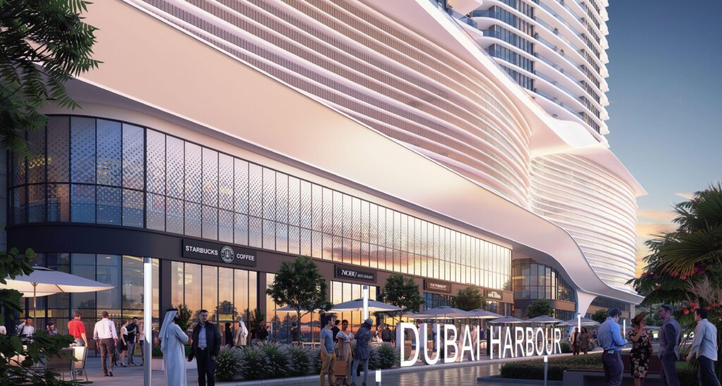 Sobha SeaHaven podium with the Dubai Harbour sign, Dubai Harbour