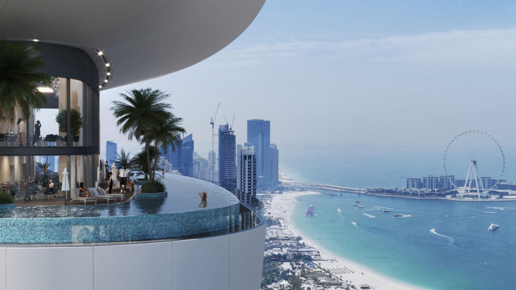 Infinity pool overlooking JBR beach and the marina at Sobha SeaHaven