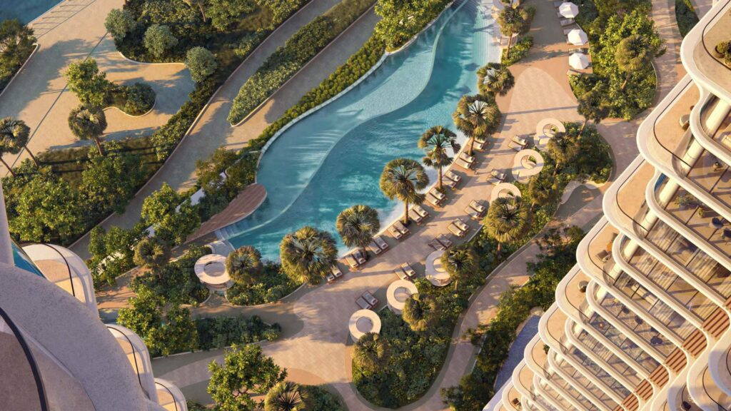 Aerial view of the podium lazy river at The Edit at d3