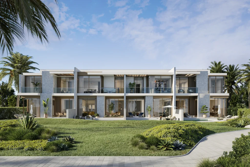 Townhouse cluster with lawns and walking path at Bay Villas, Dubai Islands