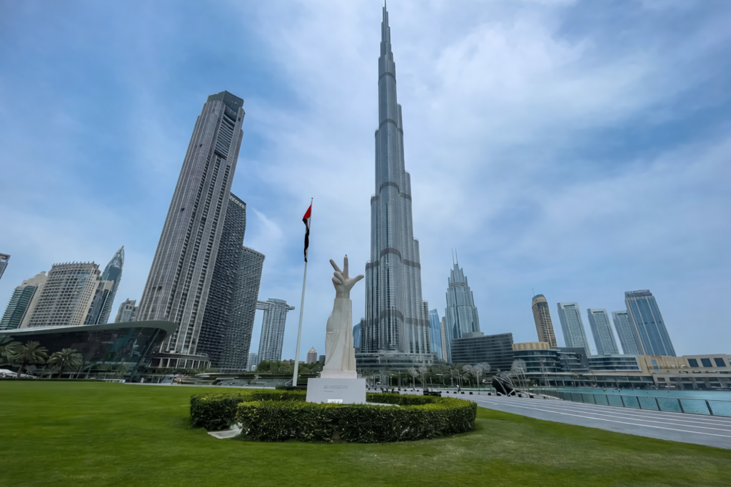 Burj Khalifa and surrounding towers on a clear day, Downtown Dubai