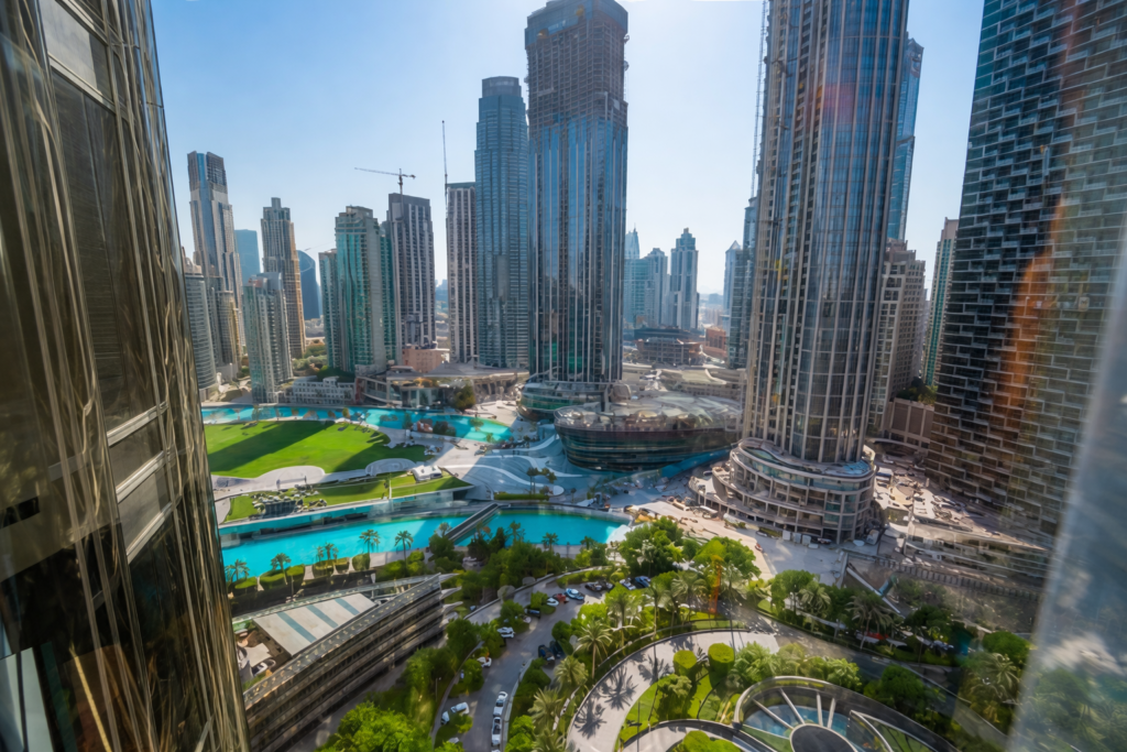 View down over Downtown Dubai and the fountain lake from Burj Khalifa