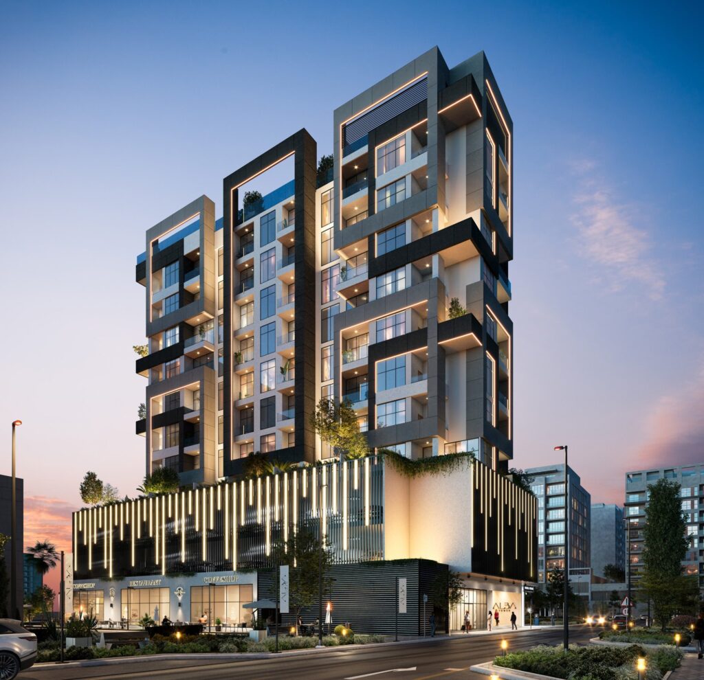 Alba Tower lit at dusk with patterned facade, Al Wasl, Dubai
