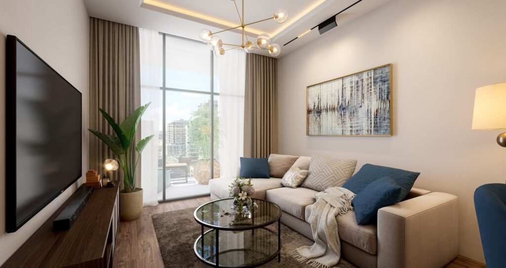 Living room with blue cushions and TV wall at Alba Tower, Al Wasl, Dubai