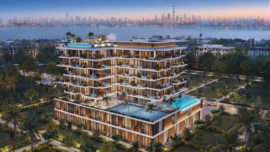 Allegro Park residences with rooftop pool and Dubai skyline beyond, Dubai Islands