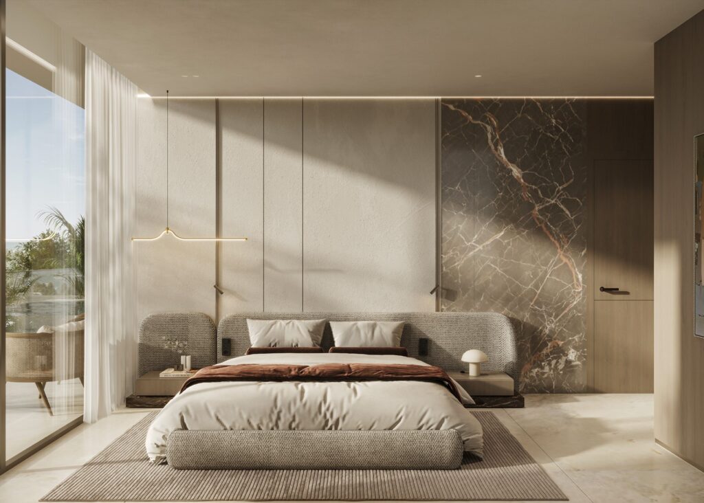 Allegro Park bedroom with marble feature wall, Dubai Islands