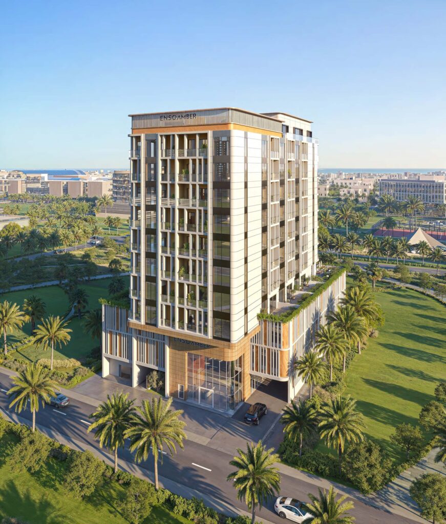 Amber by Enso residential tower beside green parkland, Al Wasl, Dubai