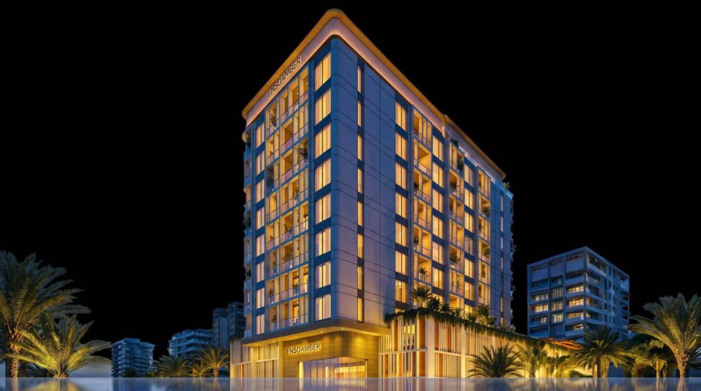 Amber by Enso tower lit at night with palm trees, Al Wasl, Dubai