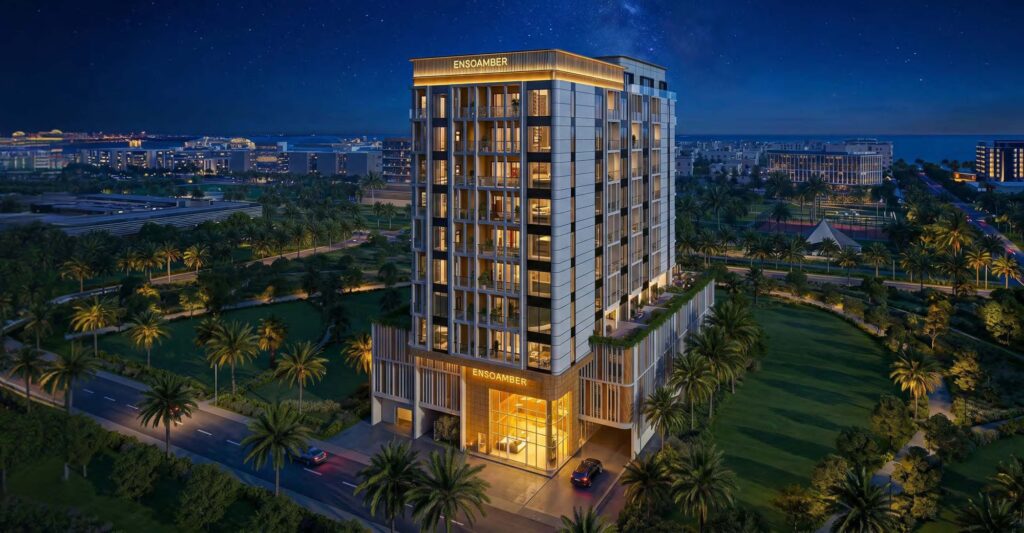 Amber by Enso building at dusk above landscaped grounds, Al Wasl, Dubai
