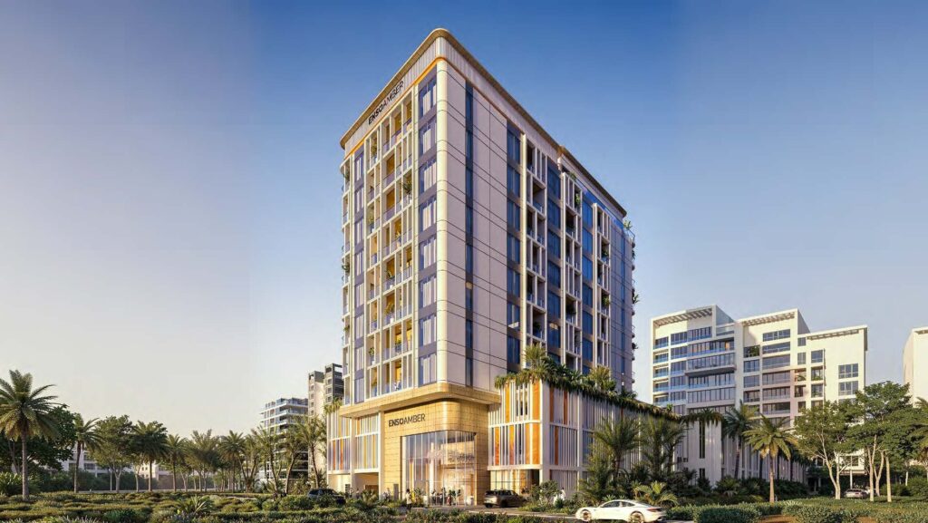 Amber by Enso tower facade with lit entrance canopy, Al Wasl, Dubai