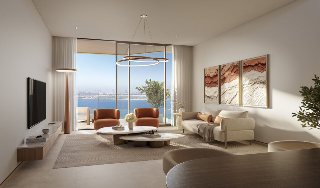 Bashayer Residences apartment lounge with balcony views