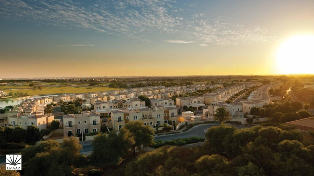 Aerial view of the community at sunset at Arabian Ranches, Dubailand