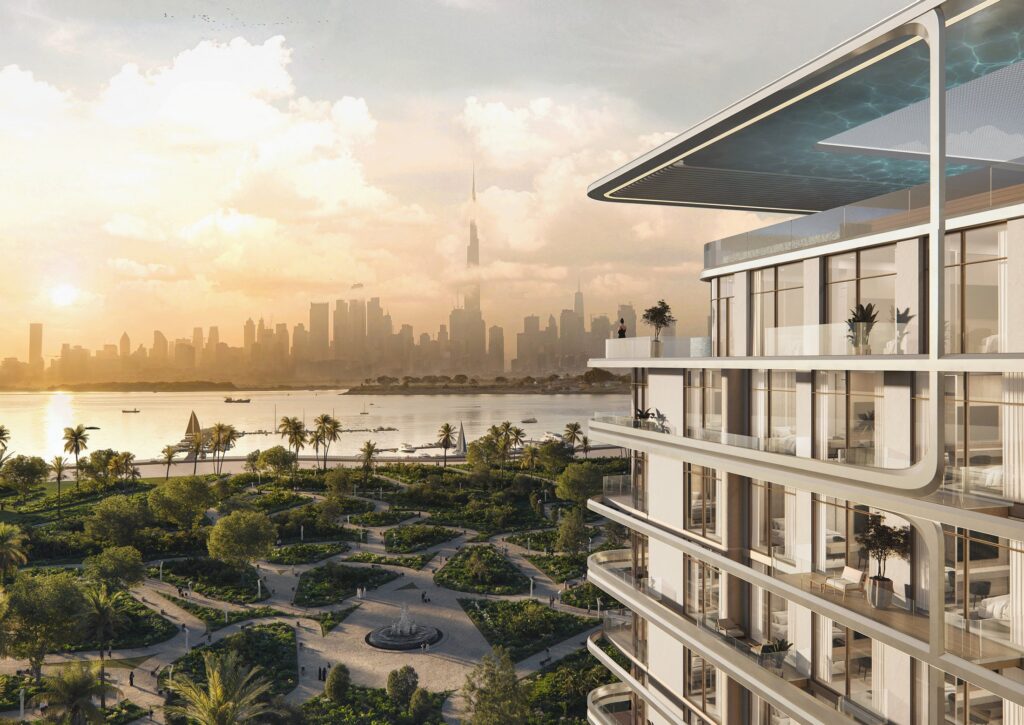 Terrace of Arka Enclave overlooking gardens and the city skyline, Dubai Islands