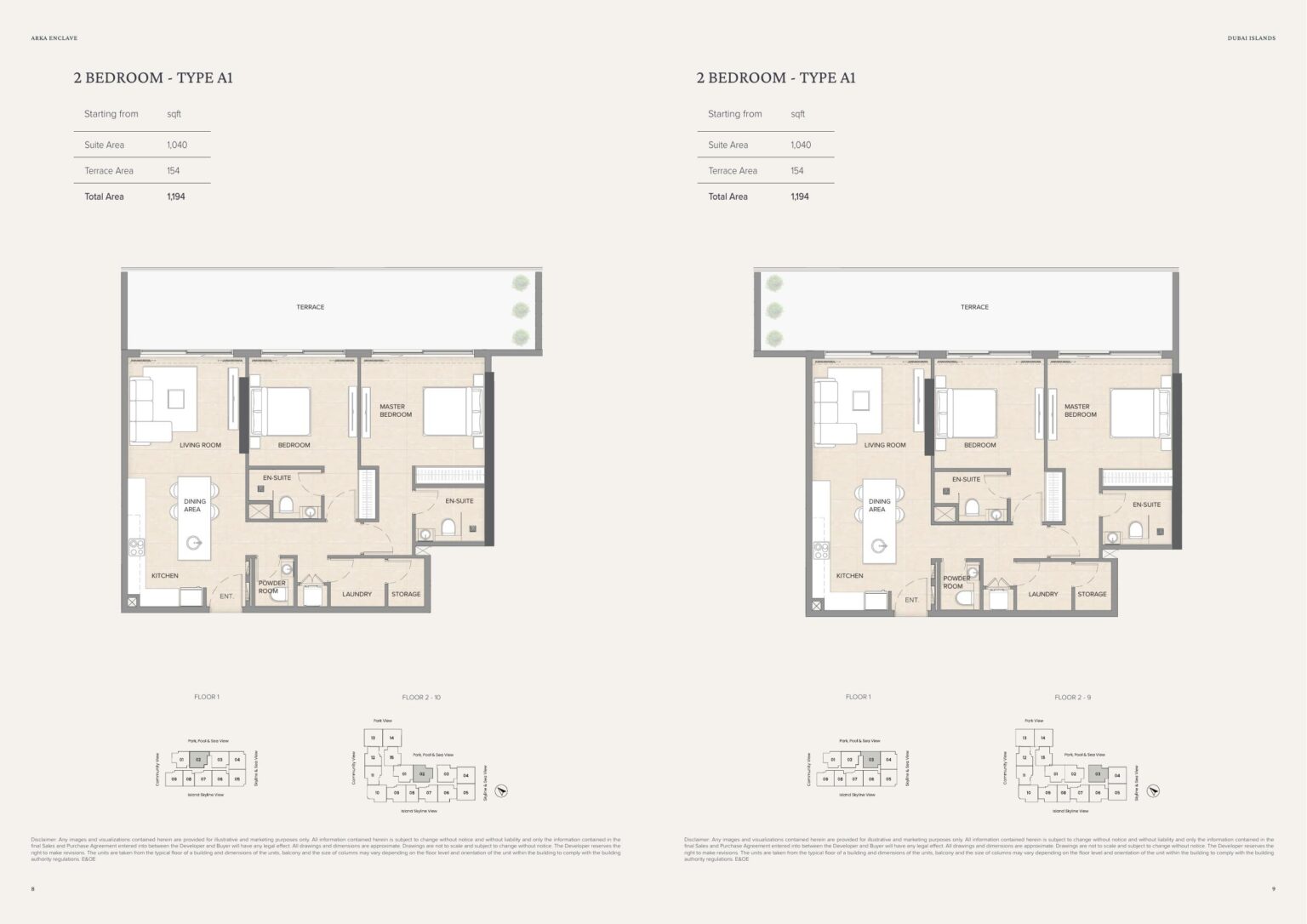 Arka Enclave 2 bedroom apartment floor plan, type A1, Dubai Islands