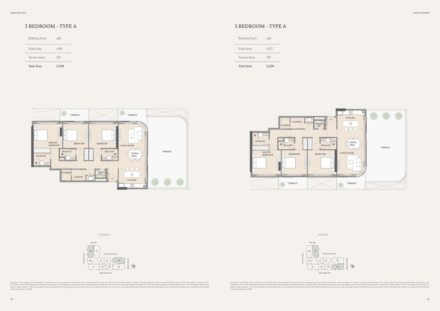 Arka Enclave 3 bedroom apartment floor plan, type A, Dubai Islands