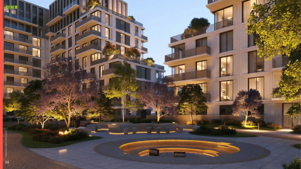 Lit courtyard garden at Avenew 888 LOOM in the evening, Dubai South