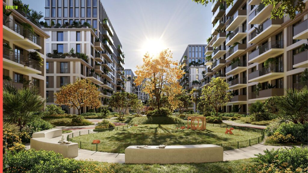 Landscaped garden courtyard at sunset at Avenew 888 LOOM, Dubai South