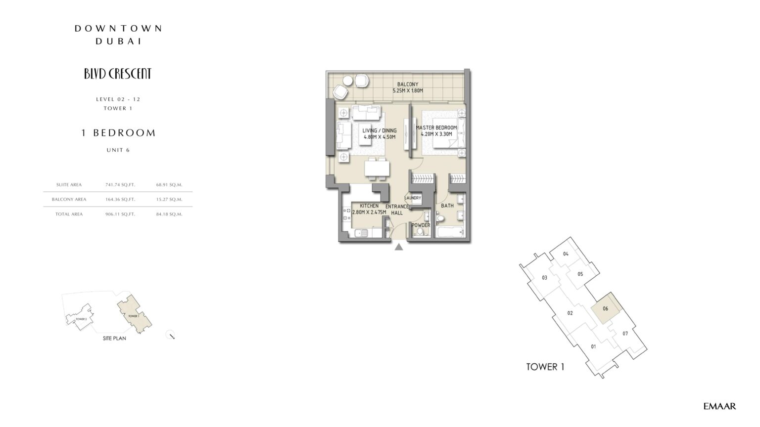 BLVD Crescent 1 bedroom floor plan, unit 6, Downtown Dubai
