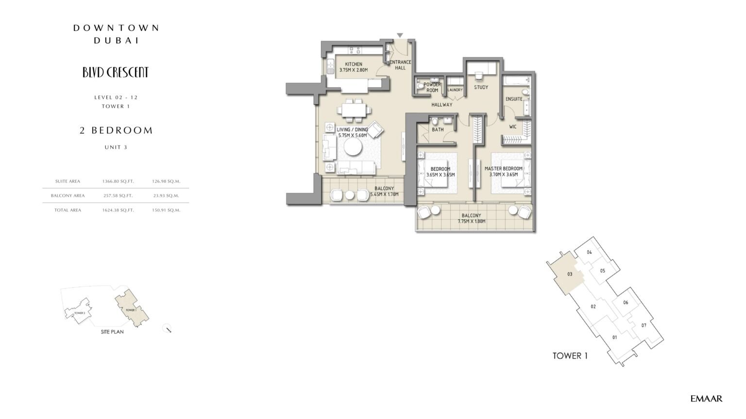 BLVD Crescent 2 bedroom floor plan, unit 3, Downtown Dubai