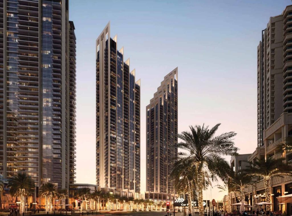 BLVD Heights towers on the boulevard at dusk, Downtown Dubai