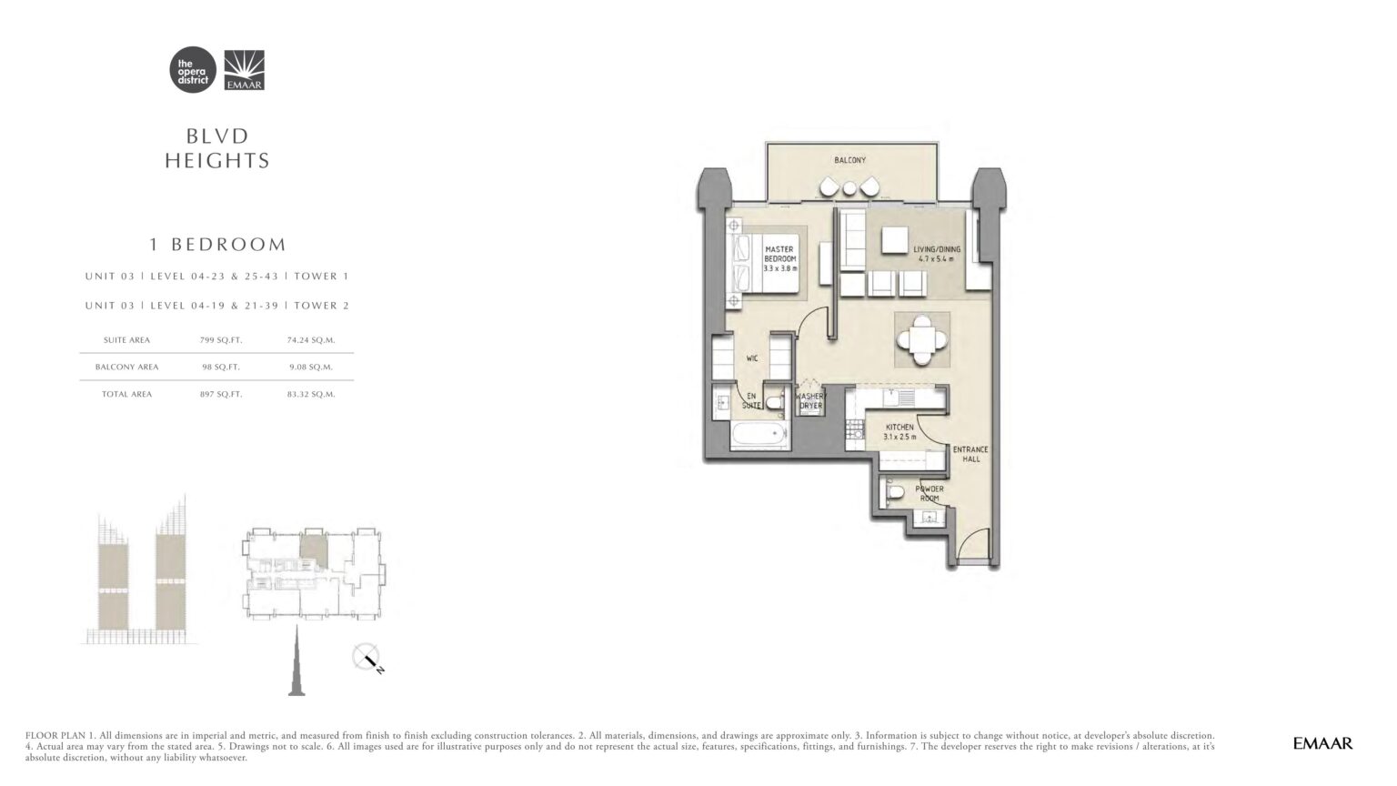 BLVD Heights 1 bedroom apartment floor plan, unit 03, Downtown Dubai