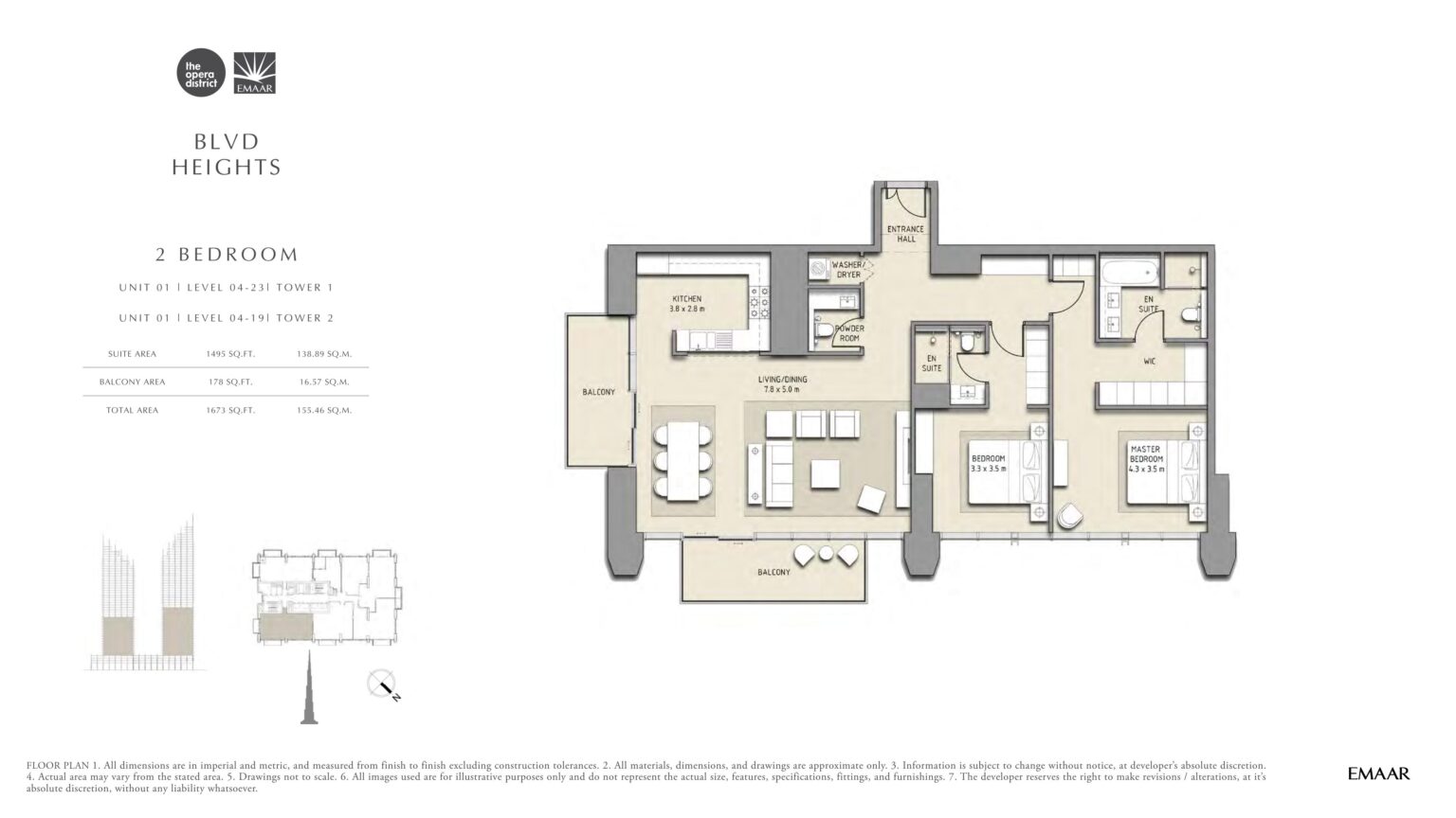 BLVD Heights 2 bedroom apartment floor plan, unit 01, Downtown Dubai