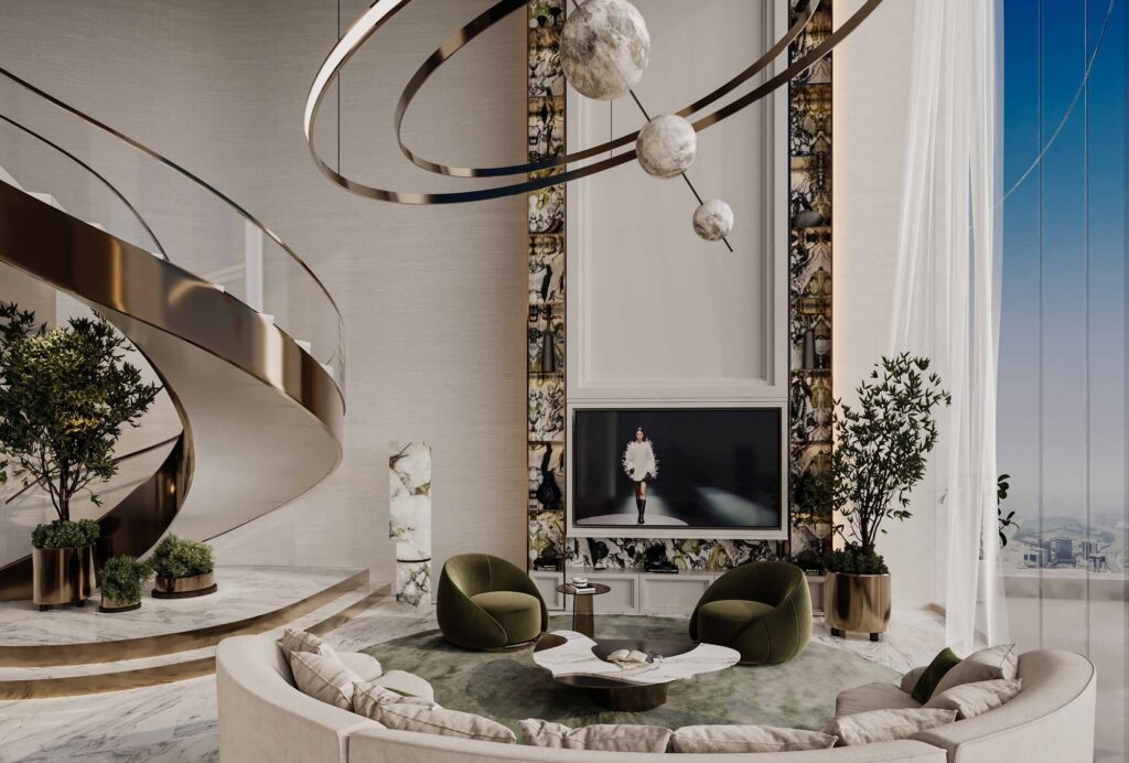 Lounge with spiral staircase and sculpture at Canal Crown de Grisogono, Business Bay