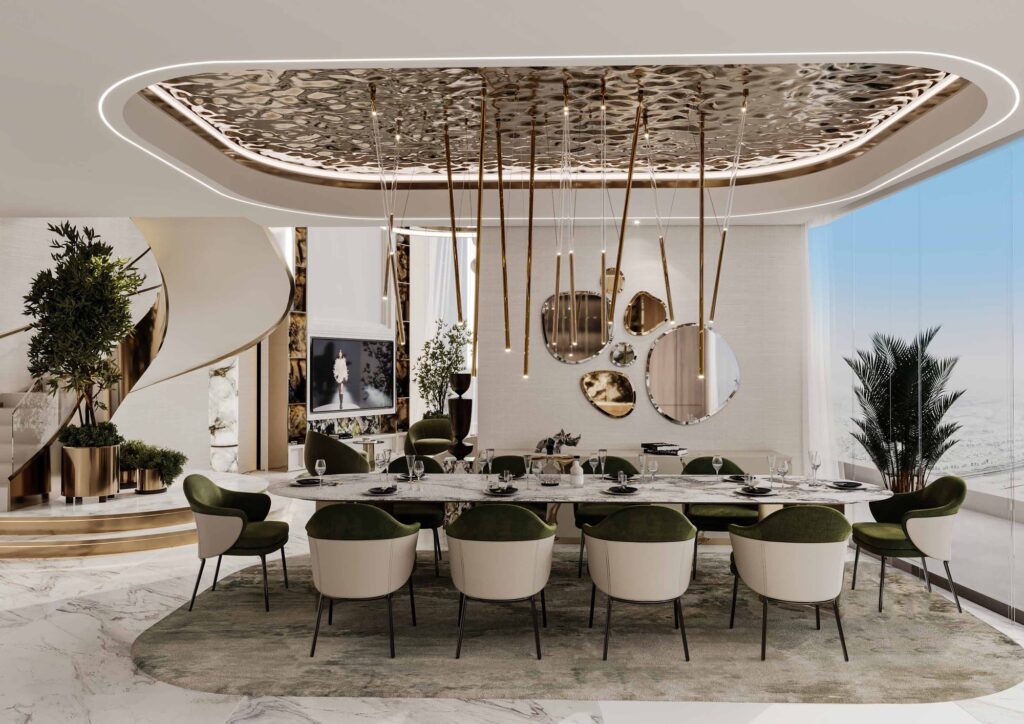 Dining room with sculptural ceiling feature at Canal Crown de Grisogono, Business Bay