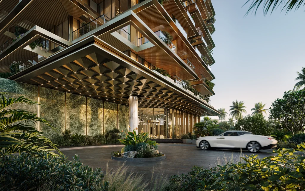 Covered arrival court with planting at Cheval Residences