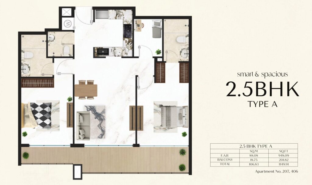Courtyard One - 2.5 Bedroom Floorplan (1)