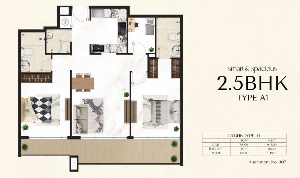 Courtyard One - 2.5 Bedroom Floorplan (2)