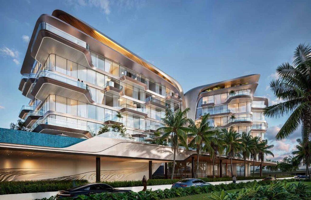 DO Hotels and Residences buildings with flowing balconies and palms, Dubai Islands
