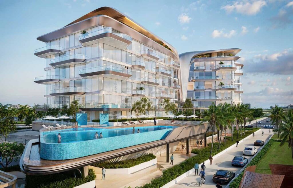 Infinity pool along the front of DO Hotels and Residences, Dubai Islands